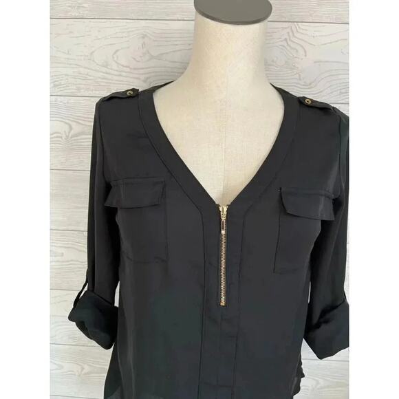 Candie’s semi-sheer black roll tab blouse Size Small - Picture 4 of 7